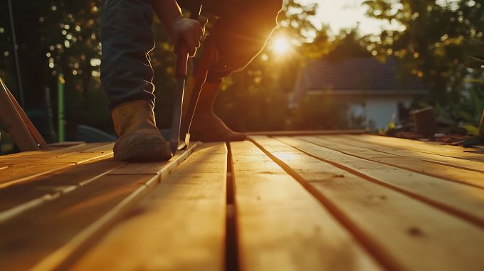 a person in work boots works on building a deck as a home improvement project.