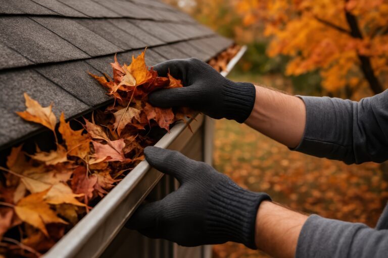 Homeowner clearing autumn leaves from rain gutters demonstrating essential fall home maintenance task